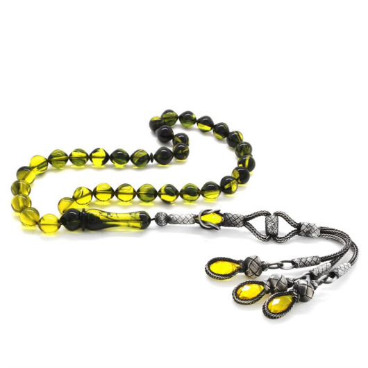 1000 Sterling Silver Kazaz Tasseled Istanbul Cut Strained Yellow-Black Fire Amber Rosary
