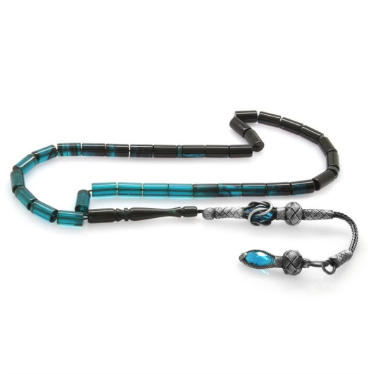 1000 Sterling Silver Kazaz Tassel Cut Cut Drilled Turquoise-Black Fire Amber Rosary