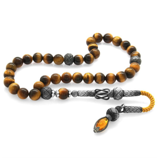 1000 Sterling Silver Kazaz Tasseled Globe Cut Tiger Eye Natural Stone Rosary