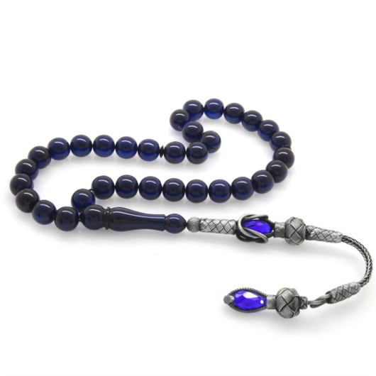 1000 Sterling Silver Kazaz Tasseled Globe Cut Navy Blue Spinning Amber Rosary