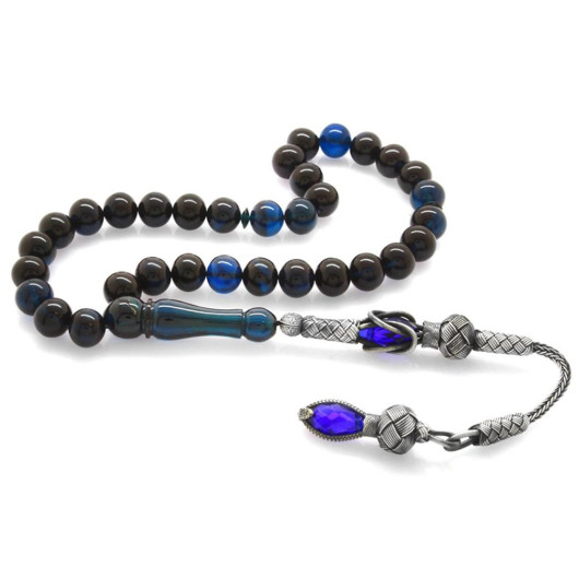 1000 Sterling Silver Kazaz Tasseled Blue-Black Spinned Amber Rosary