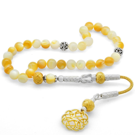 1000 Sterling Silver Kazaz Tasseled Sphere Cut Yellow Mother-Of-Pearl Natural Stone Rosary