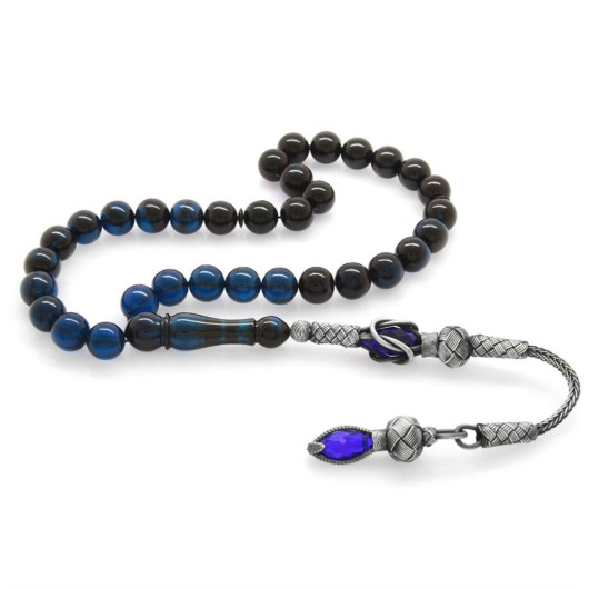 1000 Sterling Silver Kazaz Tasseled Sphere Cut Strained Blue-Black Spinning Amber Rosary