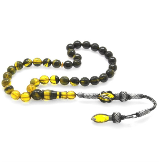 1000 Sterling Silver Kazaz Tasseled Sphere Cut Strained Yellow-Black Fire Amber Rosary