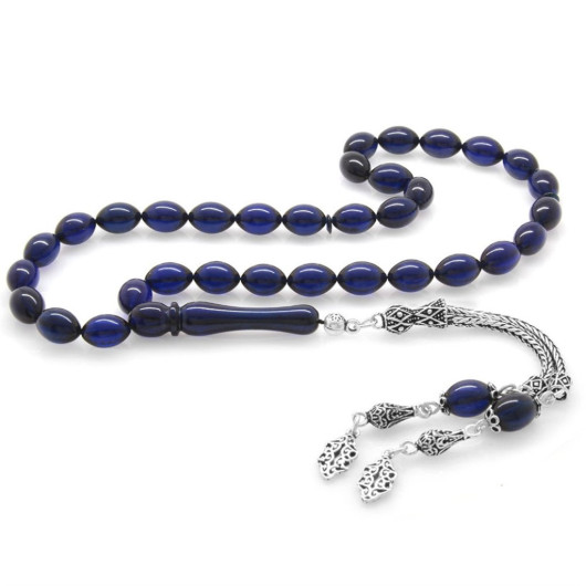 925 Sterling Silver Double Tasseled Barley Cut Navy Blue Spinning Amber Rosary