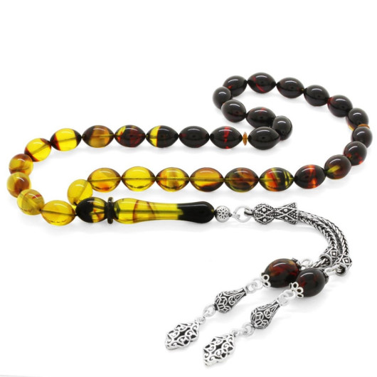 925 Sterling Silver Double Tasseled Barley Cut Strained Honey-Black Fire Amber Rosary