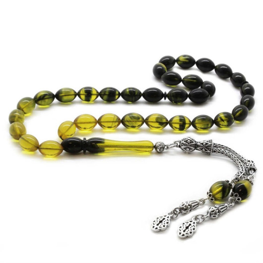 925 Sterling Silver Double Tasseled Barley Cut Strained Yellow-Black Fire Amber Rosary