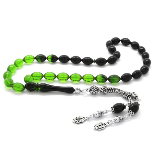 925 Sterling Silver Double Tasseled Barley Cut Strained Green-Black Fire Amber Rosary