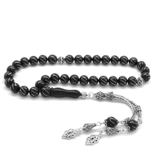 925 Sterling Silver Double Tassel Light Silver Embroidered Sphere Cut Erzurum Oltu Stone Rosary