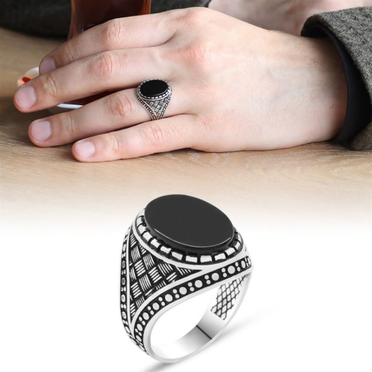 925 Sterling Silver Line Pattern Black Onyx Stone Men's Ring