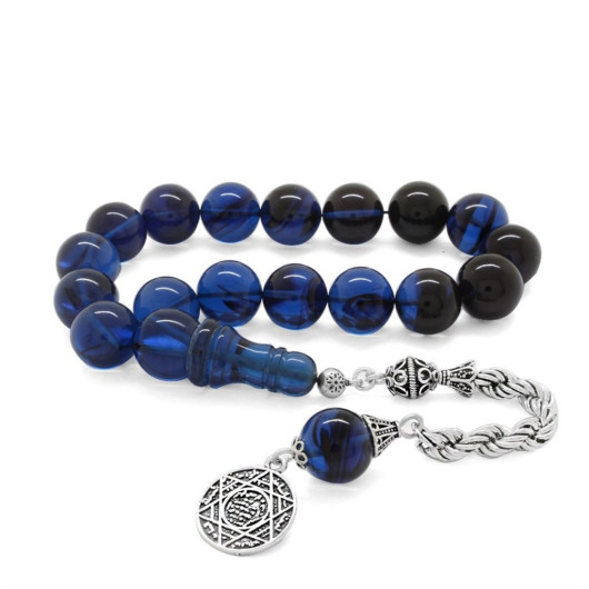 925 Sterling Silver Rope Tasseled Strained Blue-Black Tightened Amber Efe Rosary