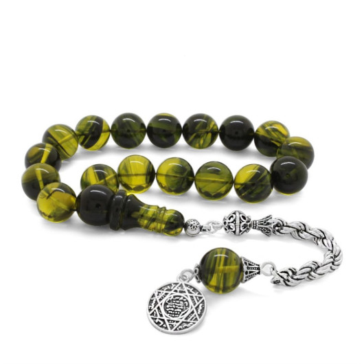 925 Sterling Silver Rope Tasseled Strained Yellow-Black Fire Amber Efe Rosary
