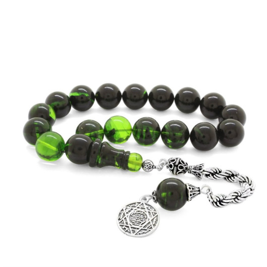 925 Sterling Silver Rope Tasseled Strained Green-Black Fire Amber Efe Rosary
