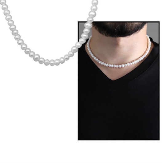 925 Sterling Silver Mechanism 45 Cm Elegant Natural Pearl Man Necklace