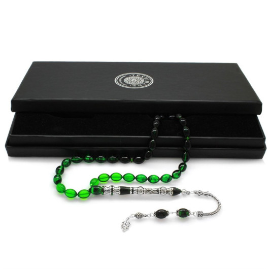 925 Sterling Silver Nakkaş Imameli Tulip Design Filtered Green-Black Fire Amber Rosary