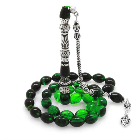925 Sterling Silver Nakkaş Imameli Tulip Design Filtered Green-Black Fire Amber Rosary