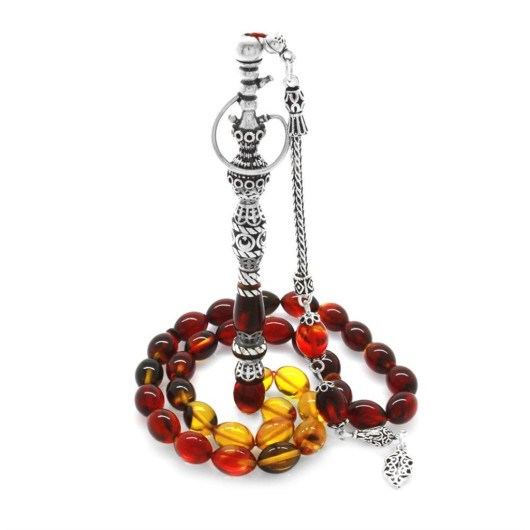 925 Sterling Silver Nakkaş Imameli Hookah Design Filtered Bala-Black Fire Amber Rosary
