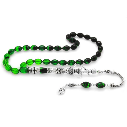 925 Sterling Silver Nakkaş Imameli Hookah Design Filtered Green-Black Fire Amber Rosary