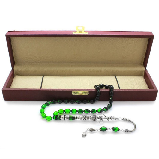 925 Sterling Silver Nakkaş Imameli Hookah Design Filtered Green-Black Fire Amber Rosary