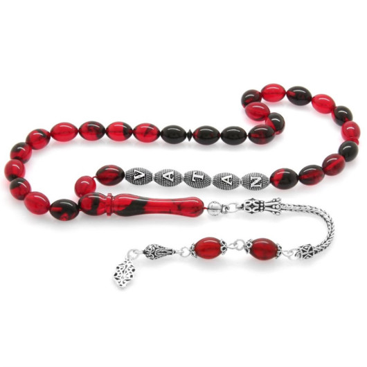 925 Sterling Silver Tasseled Barley Cut Silver Name Inscribed Red-Black Fire Amber Rosary