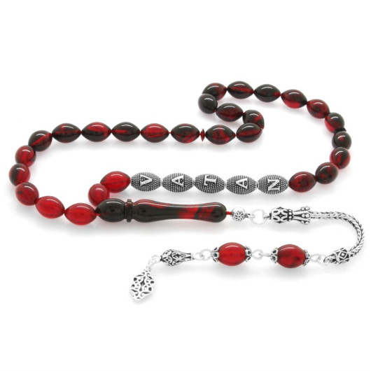 925 Sterling Silver Tasseled Barley Cut Silver Name Written Red-Black Fire Amber Rosary