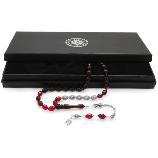 925 Sterling Silver Tasseled Barley Cut Silver Name Written Red-Black Fire Amber Rosary