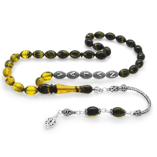 925 Sterling Silver Tasseled Barley Cut Silver Name Written Filtered Yellow-Black Fire Amber Rosary
