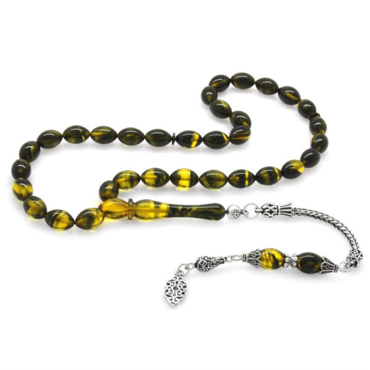 925 Sterling Silver Tasseled Barley Cut Yellow-Black Fire Amber Rosary