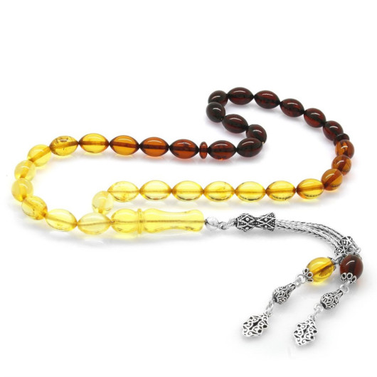 925 Sterling Silver Tasseled Barley Cut Strained Red-Yellow Drop Amber Rosary