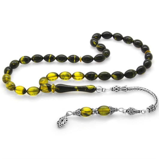 925 Sterling Silver Tasseled Barley Cut Strained Yellow-Black Fire Amber Rosary
