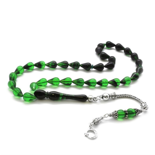 925 Sterling Silver Tasseled Drop Cut Strained Green-Black Fire Amber Rosary