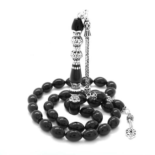 925 Sterling Silver Tasseled Silver Double Honored Nakkaş Embroidered Black Spinning Amber Rosary