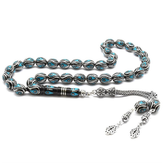 925 Sterling Silver Tasseled Silver-Turquoise Embroidered Barley Cut Erzurum Oltu Rosary