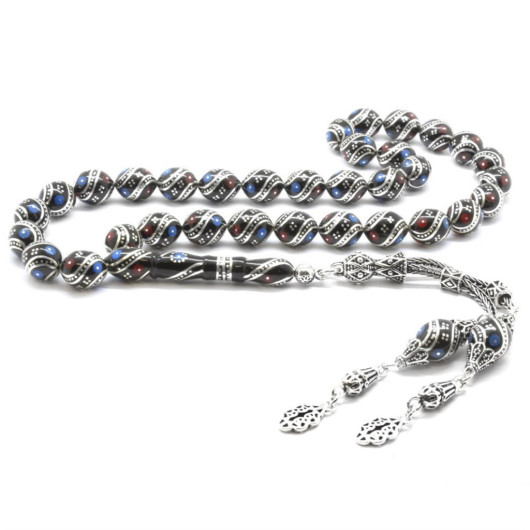925 Sterling Silver Tasseled Silver-Turquoise-Coral Barley Cut Erzurum Oltu Rosary