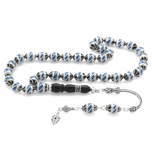 925 Sterling Silver Tasseled Silver-Turquoise-Mineli Çeşm-I Nightingale Engraved Erzurum Oltu Stone Rosary
