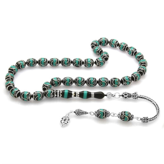 925 Sterling Silver Tasseled Silver-Turquoise-Enamel Imamesi Nakkaş Embroidered Erzurum Oltu Stone Rosary