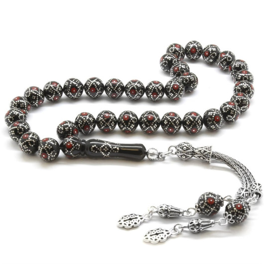 925 Sterling Silver Tasseled Silver-Coral Embroidered Sphere Cut Erzurum Oltu Stone Rosary