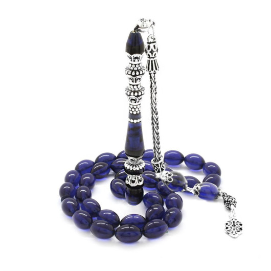 925 Sterling Silver Tasseled Silver Minaret Nakkaş Imamed Navy Blue Spinning Amber Rosary