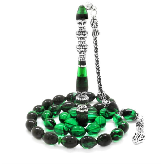 925 Sterling Silver Tasseled Silver Minaret Nakkaş Imameli Strained Green-Black Fire Amber Rosary