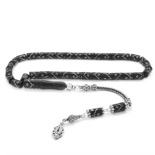 925 Sterling Silver Tasseled Silver Zigzag Embroidered Cut Cut Erzurum Oltu Stone Rosary