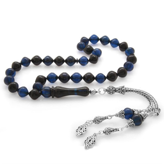 925 Sterling Silver Tasseled Istanbul Cut Blue-Black Crimped Amber Rosary