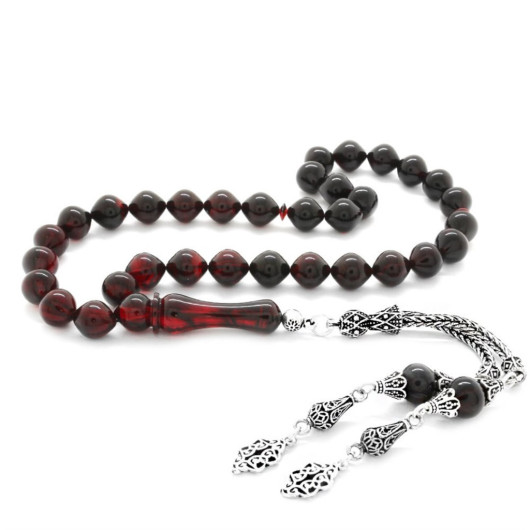 925 Sterling Silver Tasseled Istanbul Cut Strained Red-Black Fire Amber Rosary