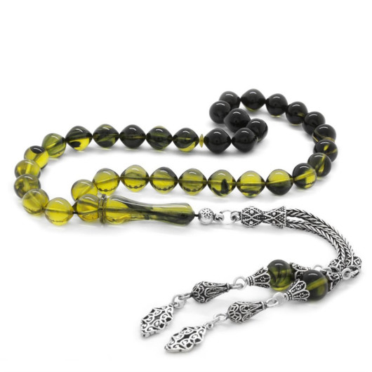 925 Sterling Silver Tasseled Istanbul Cut Strained Yellow-Black Fire Amber Rosary