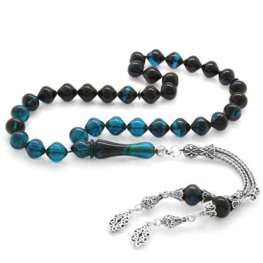 925 Sterling Silver Tasseled Istanbul Cut Filtered Turquoise-Black Fire Amber Rosary