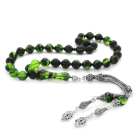 925 Sterling Silver Tasseled Istanbul Cut Strained Green-Black Fire Amber Rosary