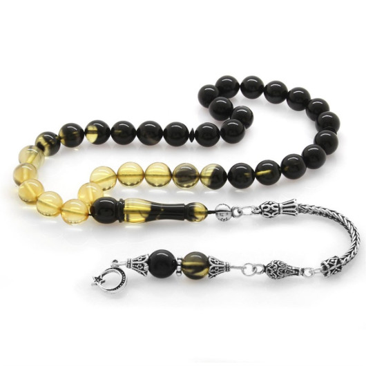 925 Sterling Silver Tasseled Sphere Cut Strained Black-White Fire Amber Rosary