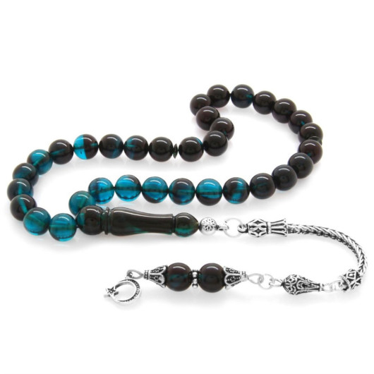 925 Sterling Silver Tasseled Sphere Cut Strained Turquoise-Black Fire Amber Rosary