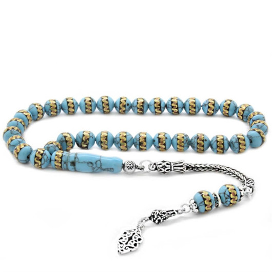 925 Sterling Silver Tasseled Spiral Oltu-Brass Embroidered Turquoise Natural Stone Rosary