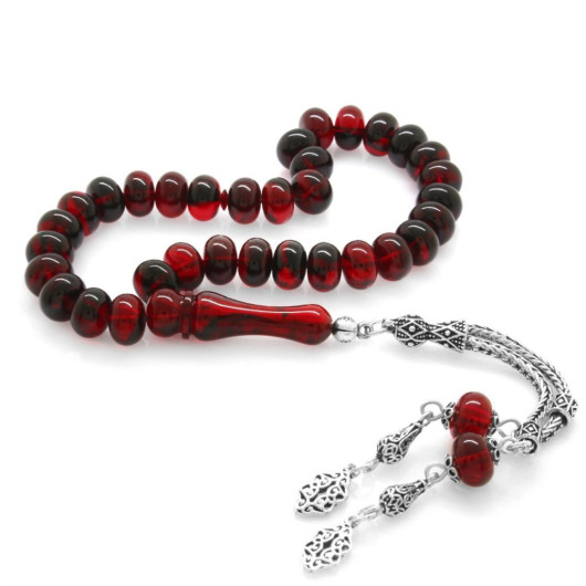925 Sterling Silver Tasseled Wheel Cut Red-Black Fire Amber Rosary