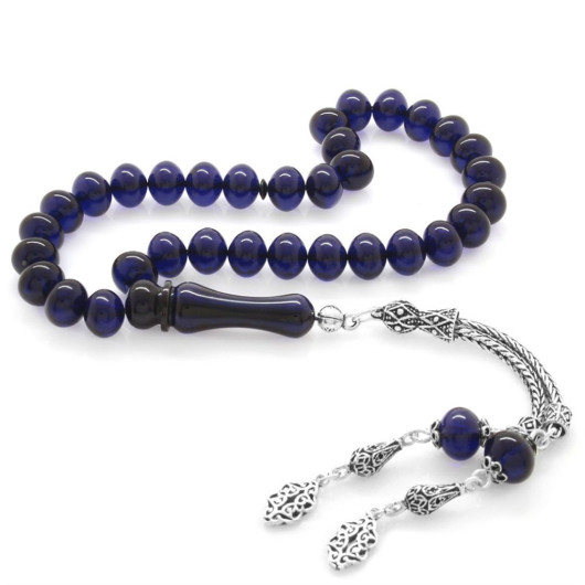 925 Sterling Silver Tasseled Wheel Cut Navy Blue Spinning Amber Rosary